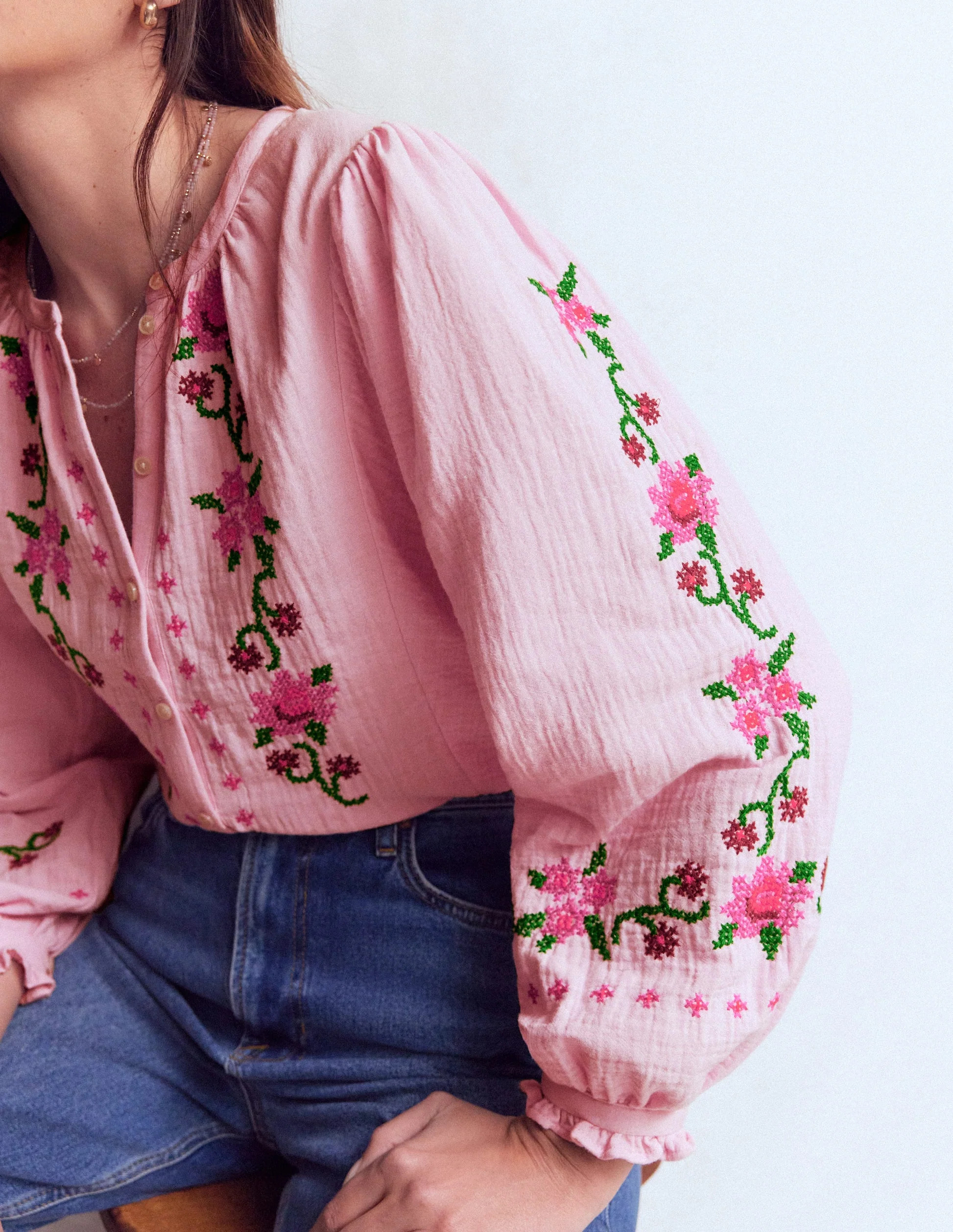 Camille Double Cloth Top-Spring Blossom Pink Embroidery | Boden (US)