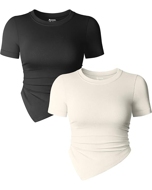 OQQ Women's 2 Piece Tops Short Sleeve Crew Neck Ruched Stretch Fitted Tee Shirts Tops | Amazon (US)