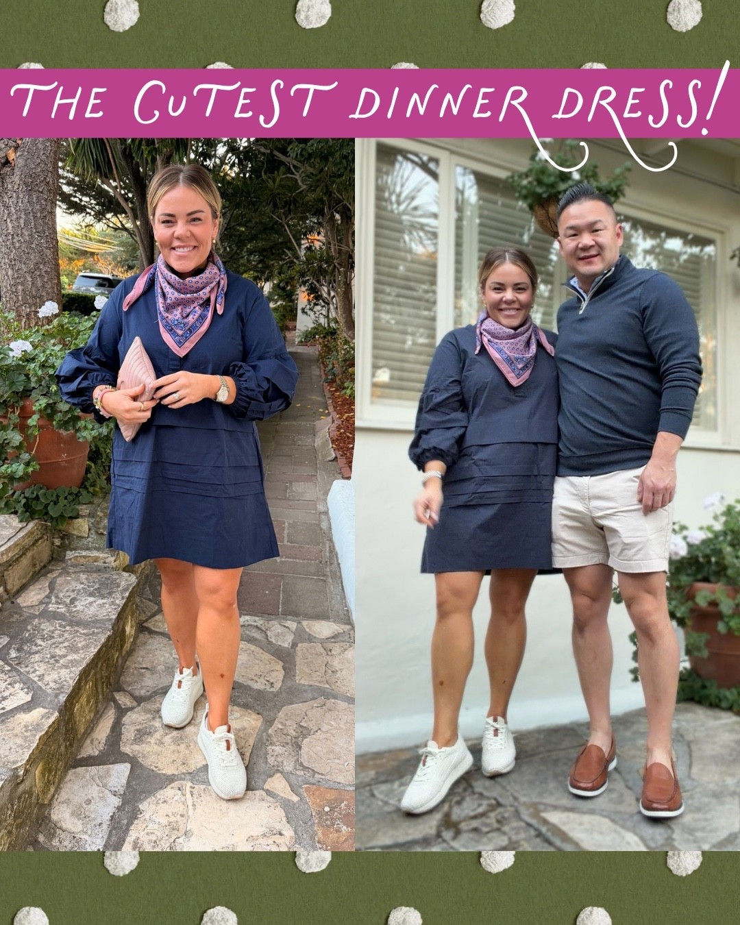 Dinner in Carmel called for this adorable navy dress! 💙 I love the relaxed fit and pretty sleeve details, but adding a patterned silk scarf really made the outfit for me! Such an easy way to dress up a simple look while still keeping things comfortable.

#LTKOOTD #LTKGRWM #LTKOver40