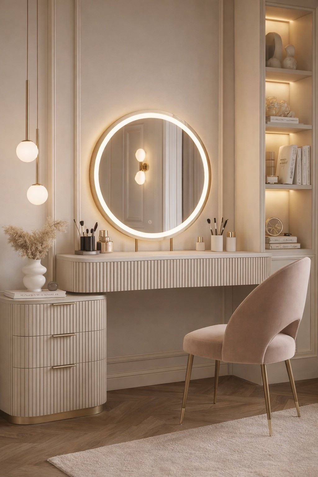 A luxurious makeup vanity designed in warm neutral tones, featuring a round LED mirror, elegant storage drawers, and a soft blush accent chair.
This modern vanity setup combines functionality and beauty — perfect for a serene bedroom or dressing area with a high-end, designer feel.

Save this pin for makeup vanity ideas, modern dressing tables, and neutral bedroom inspiration.
Shop similar vanity tables, mirrors, chairs, and decor through my LTK for a refined, luxury look 🤍
#makeupvanity
#vanitytable
#makeuptable
#dressingtable
#luxuryinteriors
#neutralinterior
#bedroomdecor
#modernvanity
#softaesthetic
#interiorinspiration
#homedecorideas
#ltkhome
#ltkinteriors


#LTKGiftGuide #LTKSaleAlert #LTKHome