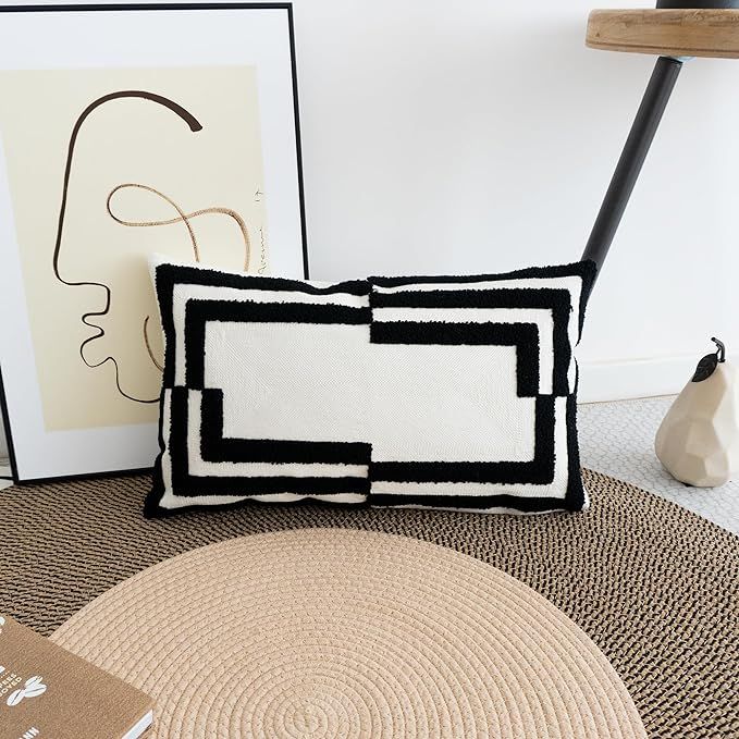 VANNCIO Black White Outdoor Indoor Textured Throw Pillow Cover, Square Farmhouse Geometric Decora... | Amazon (US)