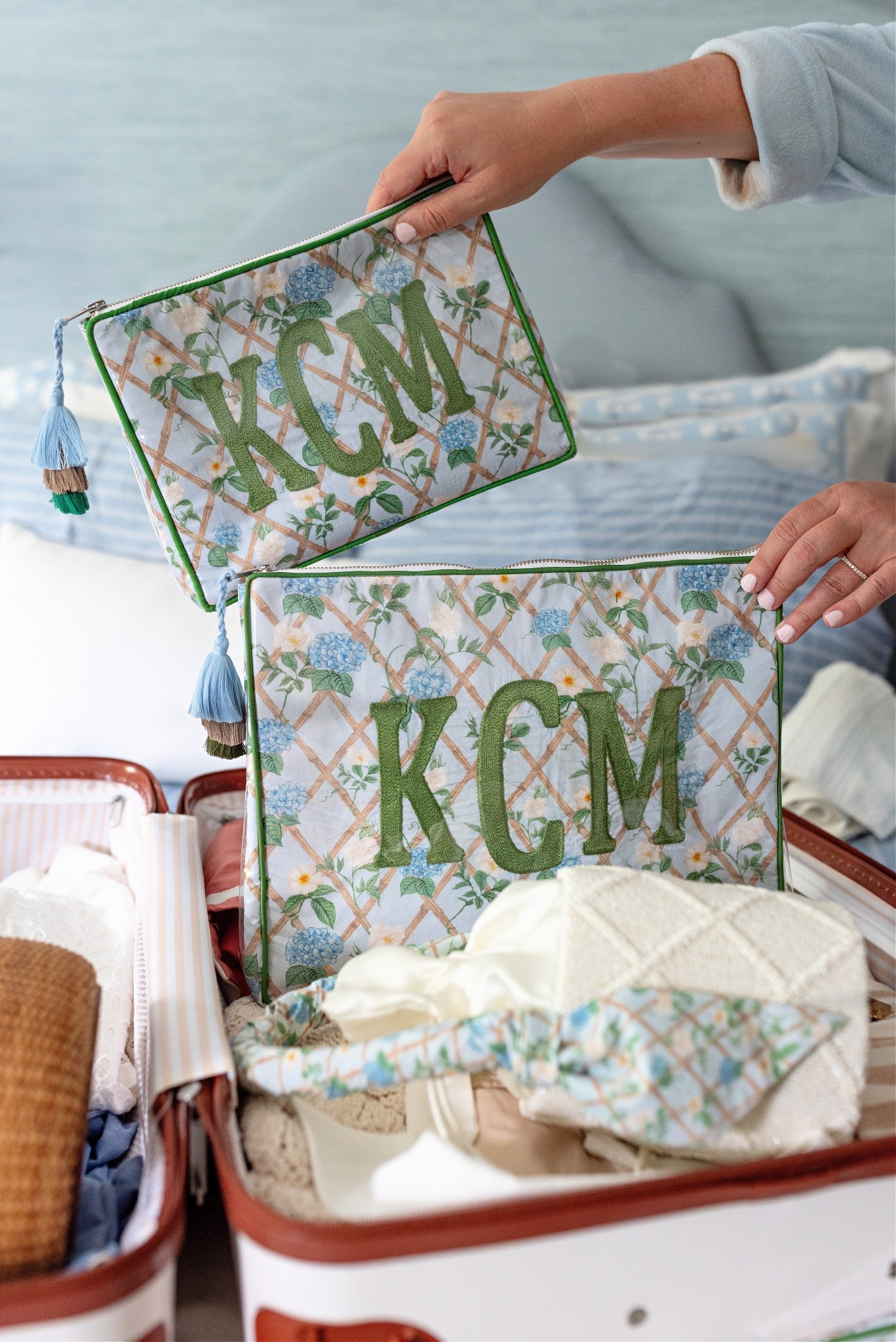 These limited-edition bags are  made for travel with charm of New England ✨🌊✨…we designed this custom print with trellis motifs, blooming hydrangeas, and climbing roses as a nod to our Nantucket summers and beyond. These bags are coated in vinyl and easy to wipe clean which makes them great travel bags for cosmetics and more! These OG bag is perfect for make-up and the large bag is big enough to hold a standard laptop & cords or a lot of toiletries.

#LTKTravel #LTKItBag #LTKOver40