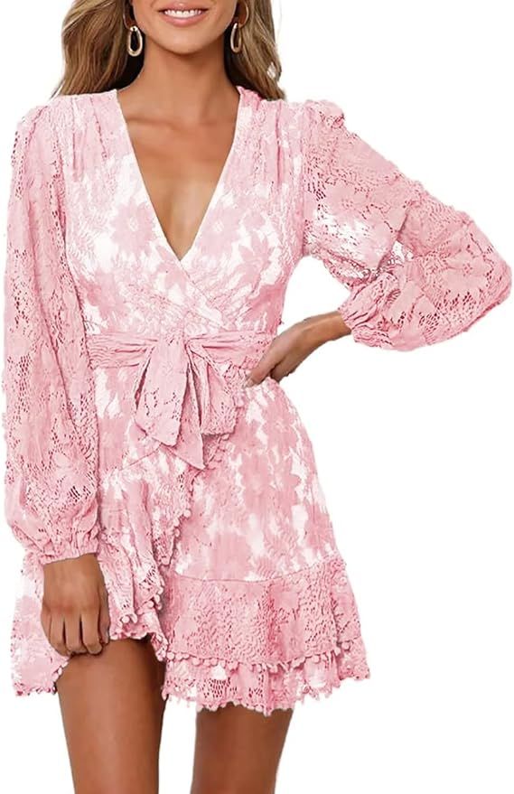 FARYSAYS Womens Lace Wrap Mini Dresses Floral V Neck Ruffle Short Dress with Belt at Amazon Women’s  | Amazon (US)