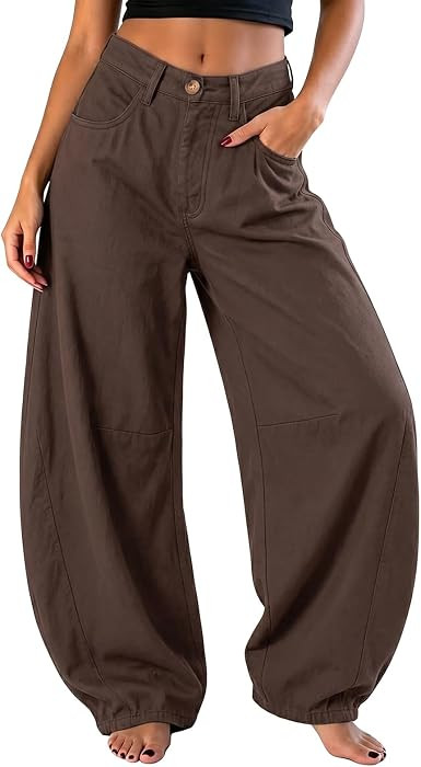 EXLURA Womens Faux Linen Barrel Pants Baggy Wide Leg Cotton Palazzo Pant | Amazon (US)