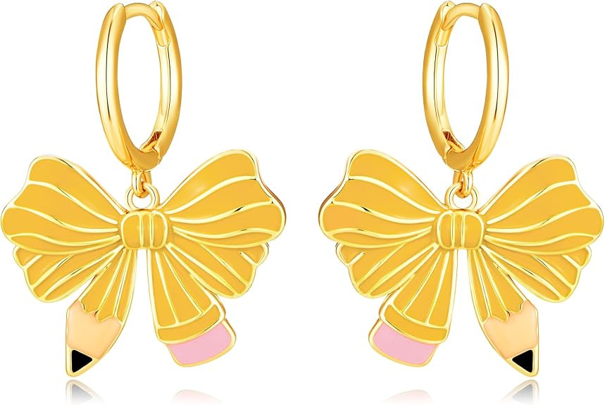 Teacher Pencil Earrings with Pink Glitter Bow, Cute Back to School Dangle Drop Jewelry Gift for E... | Amazon (US)