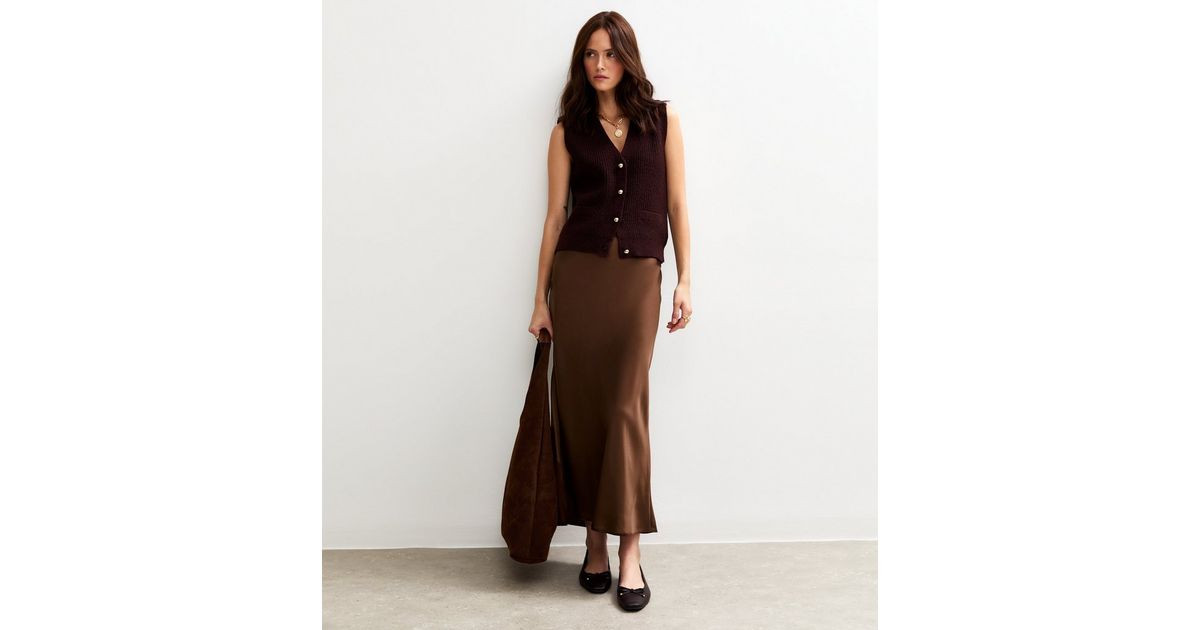 Dark Brown Satin Bias Cut Midi Skirt | New Look | New Look (UK)