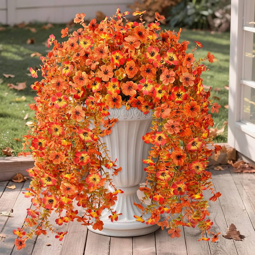 Artificial Fall Fake Flowers for Outdoor, 2 Pcs Fake Mums Faux Hanging Flowers Outdoor Fall Decor... | Amazon (US)