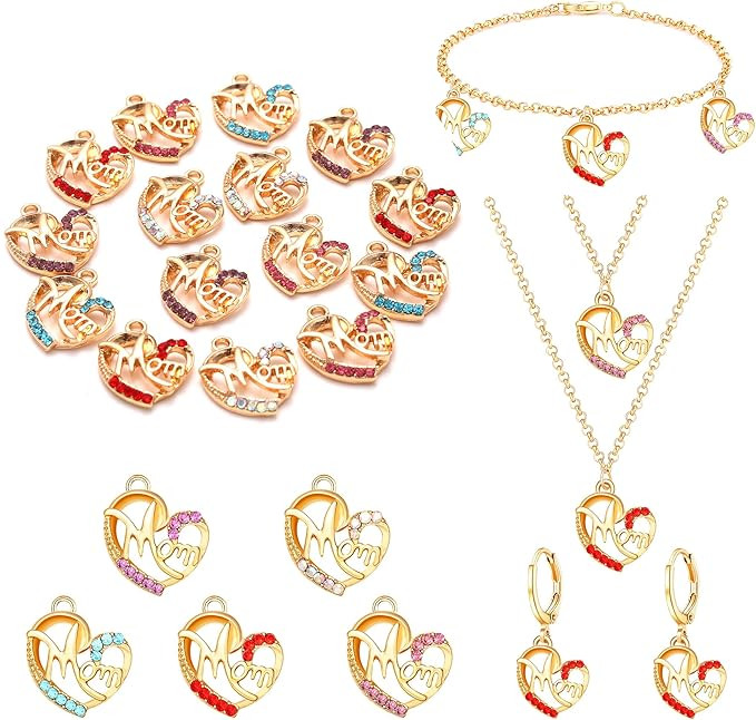 NVENF 15PCS Mother’s Day Charms for Jewelry Making Rhinestone Heart Mom Charms Metal Mama Heart... | Amazon (US)