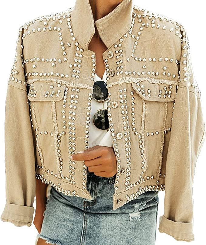 APAFES Women's Fashion Crop White Denim Jacket Distressed Western Studded Black Trucker Jacket | Amazon (US)