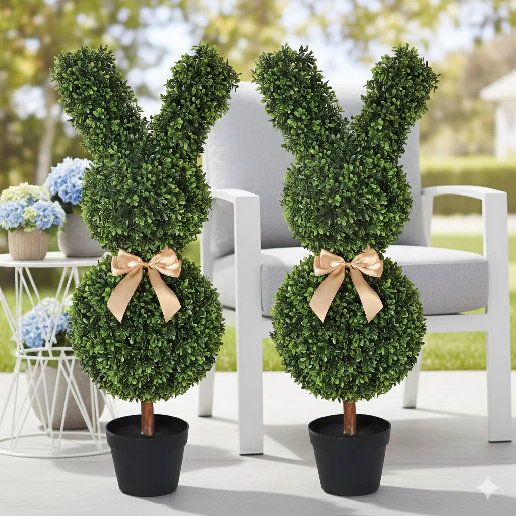 36" Artificial Boxwood Rabbit Topiary Tree  (set Of 2) | Wayfair North America