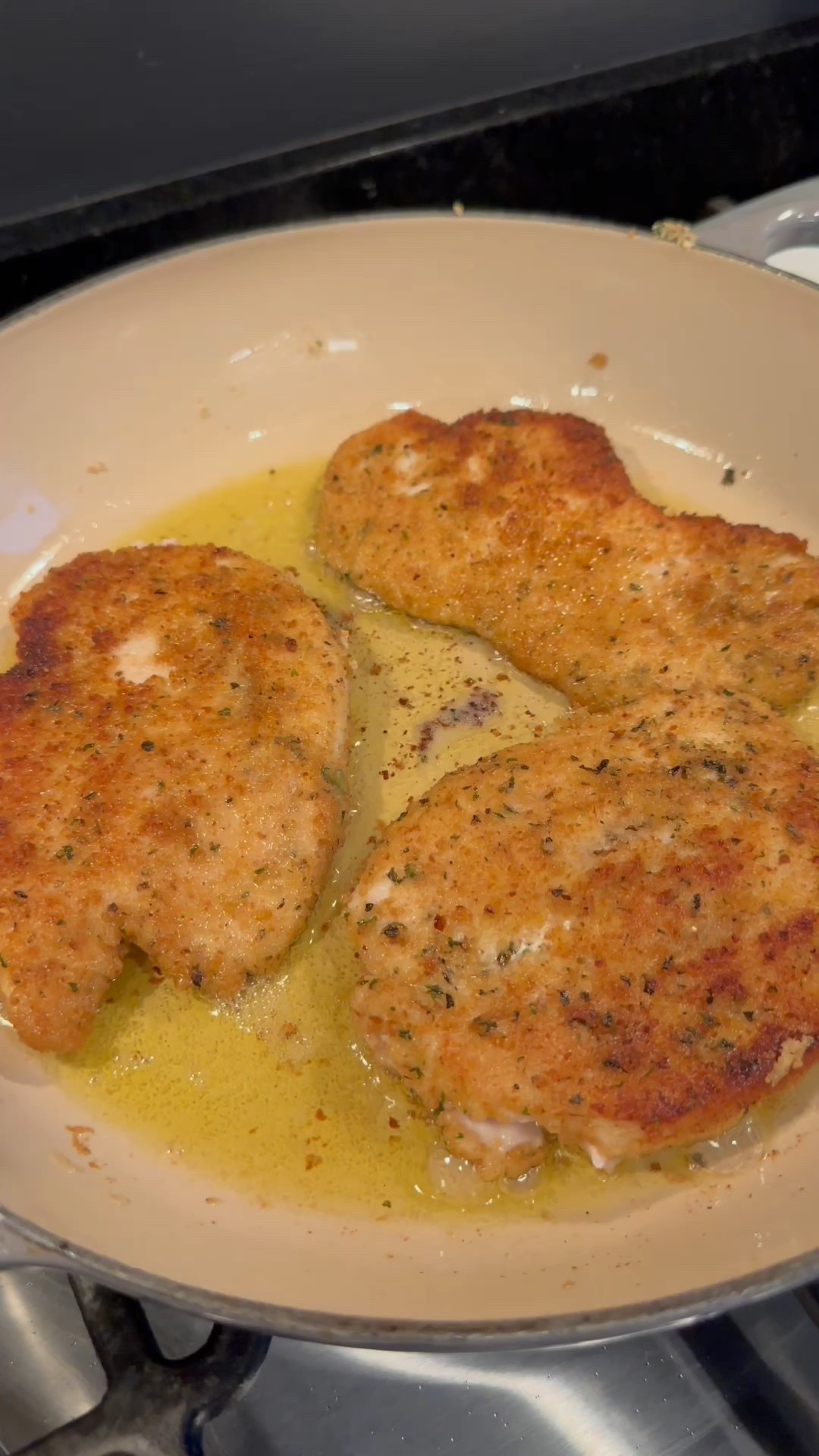 The perfect chicken cutlet
o    4-6 pieces of thinly sliced chicken breast

o    1/3 cup half & half (for coating)

o    1 ½ cups seasoned breadcrumbs

o    Olive oil (enough to coat the bottom of the pan)

o    2 tablespoons butter

o    Seasonings: salt, pepper, Italian seasonings, garlic powder

Season the chicken breasts with salt, pepper, and Italian seasonings.
Place the chicken in a bowl and pour the half & half over it, ensuring all pieces are evenly coated.
Dip each chicken breast into the seasoned breadcrumbs, covering all sides.
Heat a heavy-bottomed pan and add a swirl of olive oil and a teaspoon of butter. The oil should just coat the bottom of the pan. 
Once the oil is hot, sear the chicken for about 2-3 minutes on each side until golden brown. 
Remove the browned chicken and place it on a paper towel-lined plate. Repeat with the remaining pieces.


#LTKHome #LTKFamily