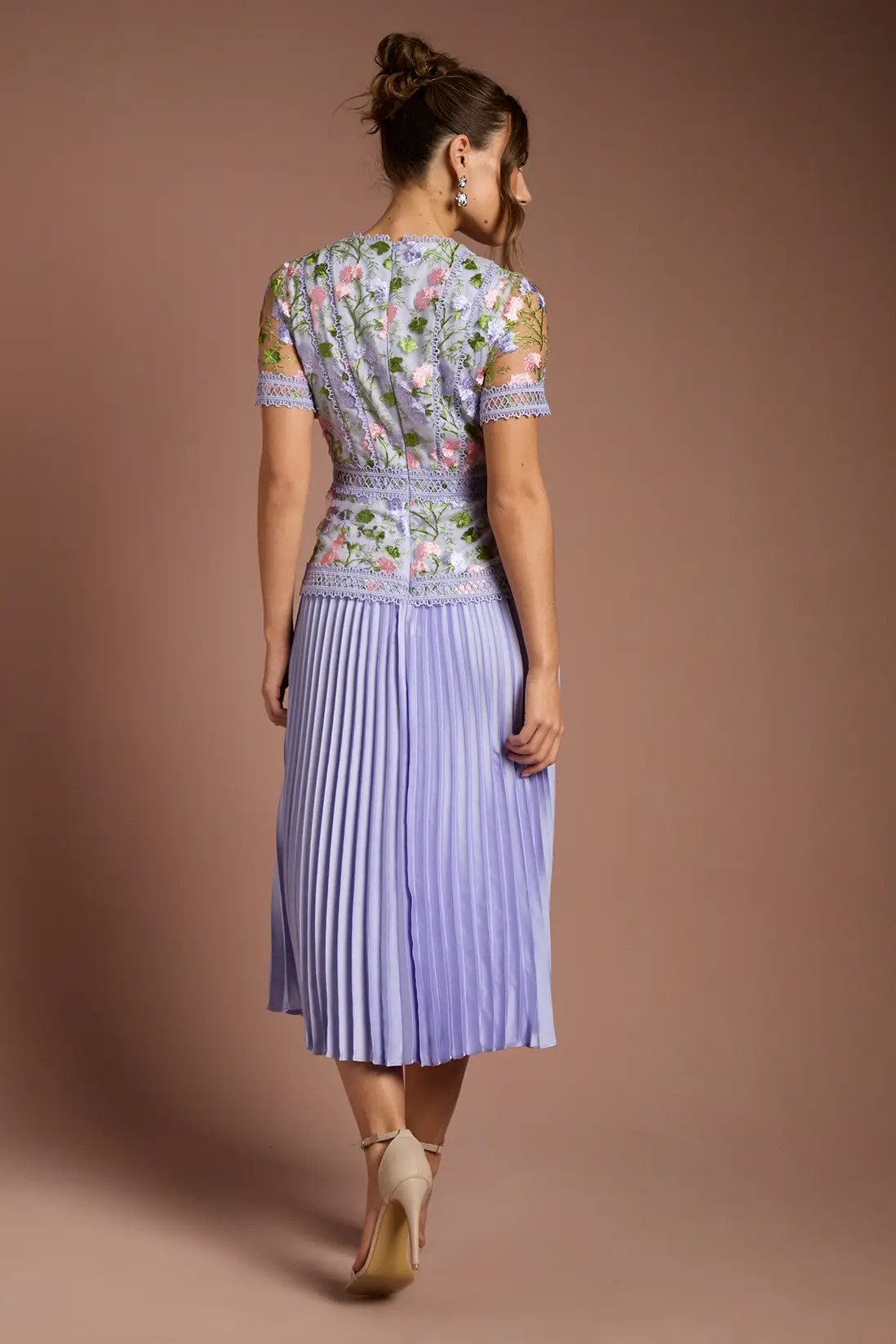 Lilac Coast Short Sleeve Embroidered Pleated Skirt Midi Dress | Debenhams | Debenhams UK