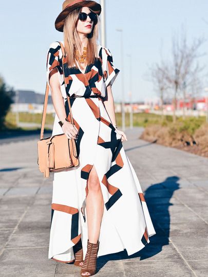 White Short Sleeve Geometric Print Split Maxi Dress | SHEIN