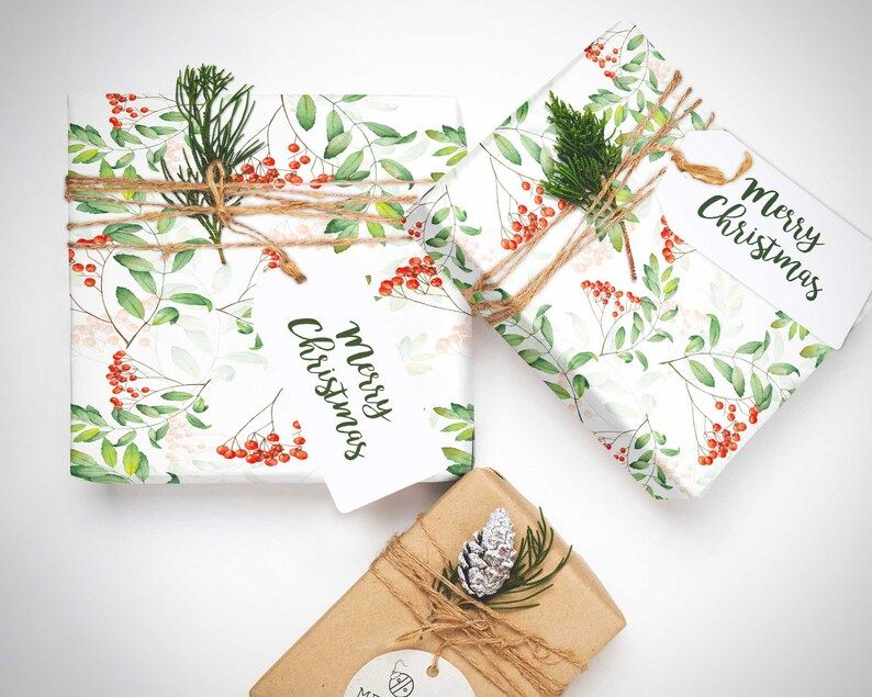 Christmas Wrapping Paper Sheets Berry Greenery Pine Winter | Etsy | Etsy (US)