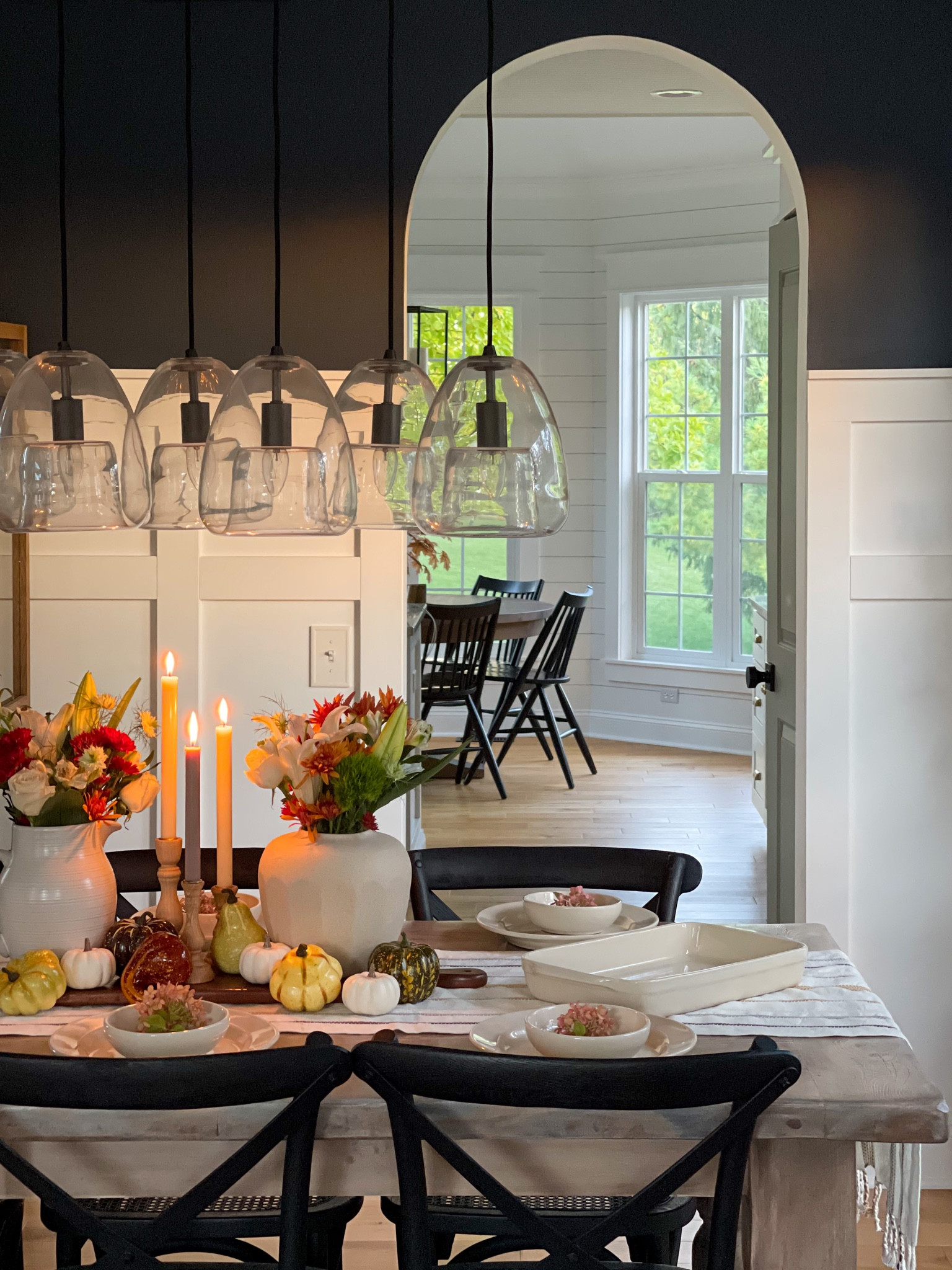 Dining room, cozy living, tablescape, Longaberger, dishes, Restoration Hardware, Pottery Barn, West Elm, fall tablescape, fall decor, pumpkins, neutral, Hale Navy, board and batten, arched door, dinnerware, neutral, pottery, handcrafted, made in USA, candlelight dinner, Anthropologie 

#LTKsalealert #LTKhome