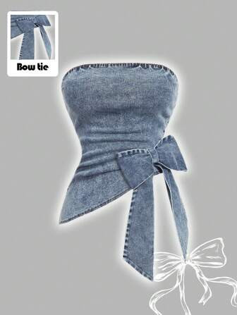 SHEIN MOD Plus Size Blue Denim Top Tight Elastic Bandeau Bow Summer Tops Gyaru Sweet And Spicy Outfit | SHEIN