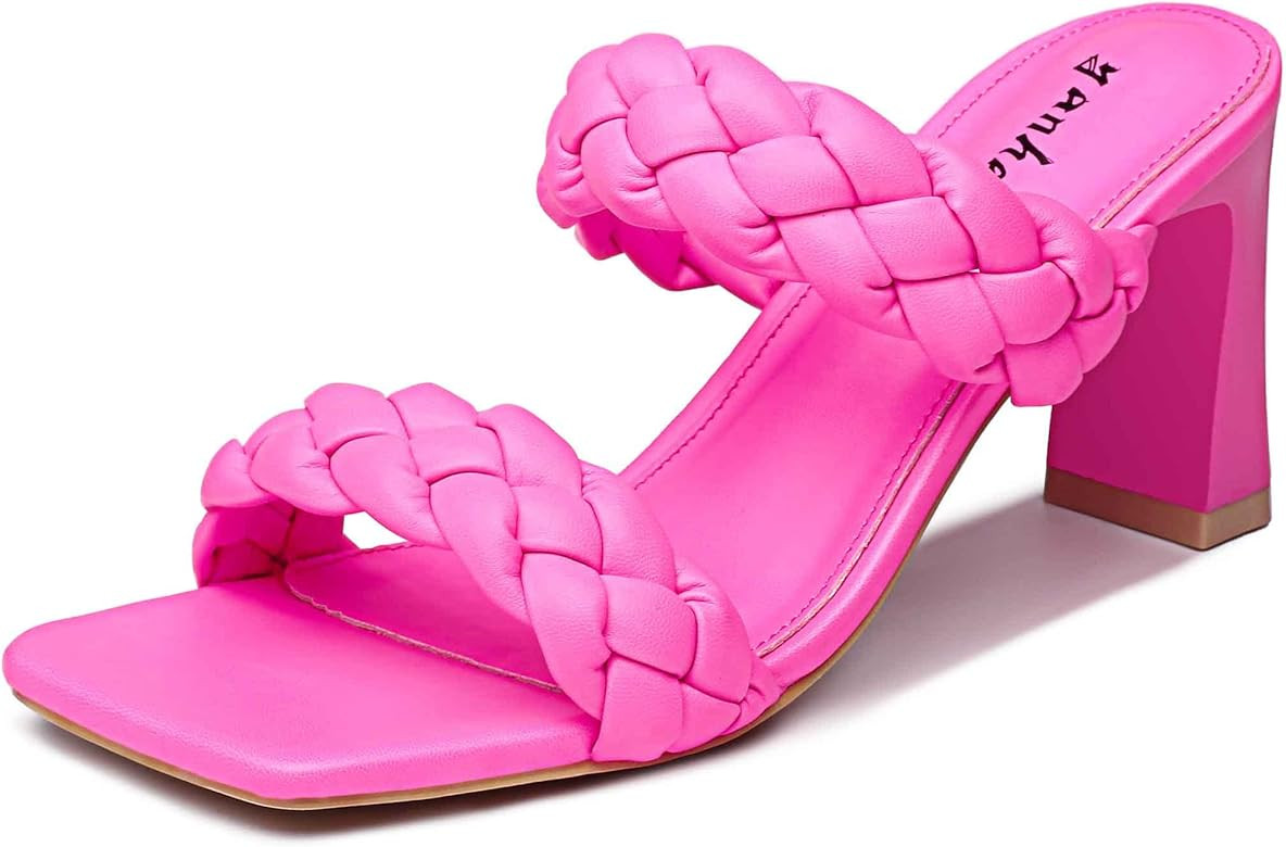 Women's Braided Heeled Sandals Square Block Chunky Heel Mules Open Toe Slip On Dress Sexy Strappy Ba | Amazon (US)