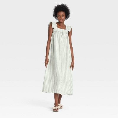 Women&#39;s Ruffle Short Sleeve A-Line Dress - A New Day&#8482; Cream Striped L | Target