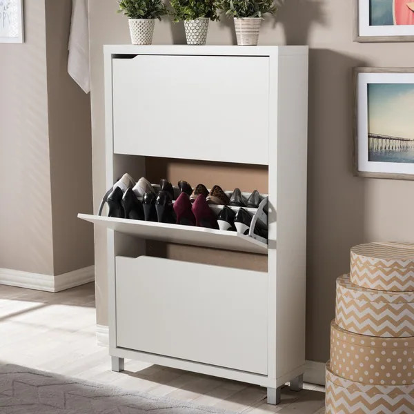 Baxton Studio Simms 3-tier White Wood Modern Shoe Cabinet | Bed Bath & Beyond