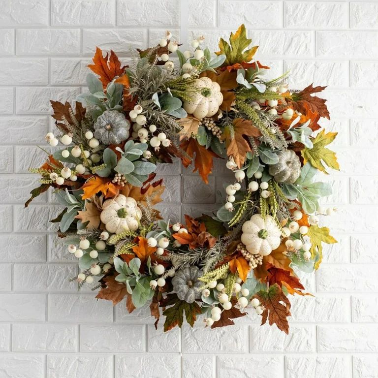 18" Fall Wreath Fall Decorations for Front Door with Pumpkins Berry Artificial Maples Leaves Wrea... | Walmart (US)