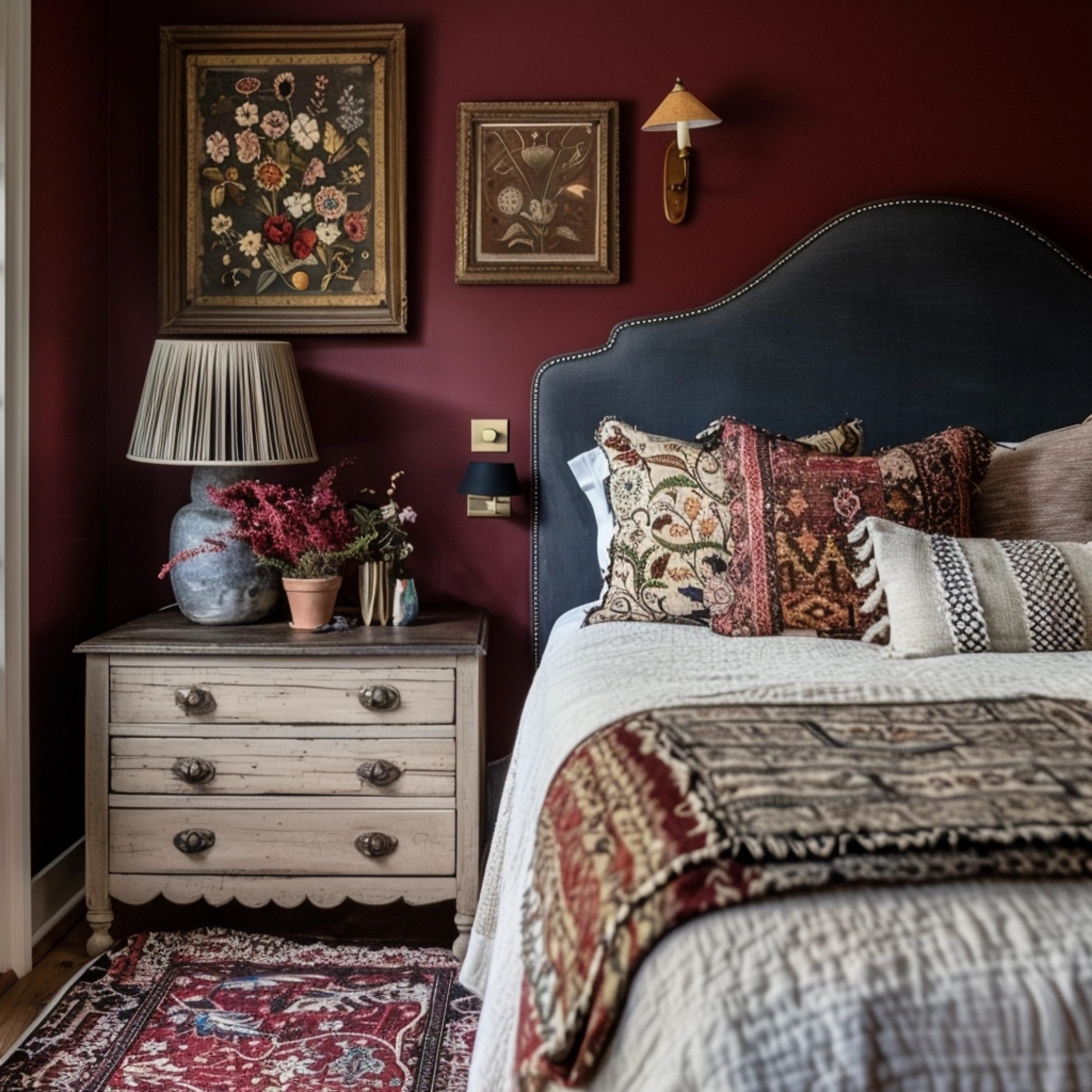 Amber interiors haneens haven interior jems style moody bedroom dark bedroom burgundy walls 

Pleated lamp shade, kanthat quilt, Turkish rug, three drawer chest, wavy headboard, dark upholstered bed, floral throw pillow, target pillows, Anthropologie style, moody aesthetic, antique furniture, muslin blanket, Amber Lewis, dark bedroom vibes

#LTKstyletip #LTKsalealert #LTKhome