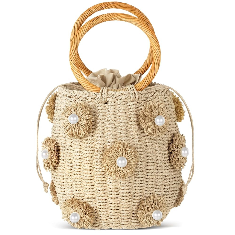 Frienda Summer Straw Bags for Women - Beach Drawstring Straw Bucket Tote Pearl Flower Diamond Rat... | Amazon (US)