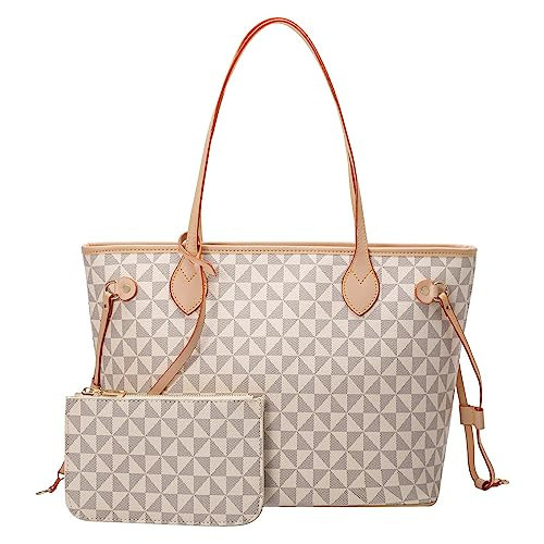 Fashion Designer Purses Shoulder TOTE Bags for Women Checkered Satchel Handbags 2pcs with Small Wallet (White - 2pcs) | Amazon (US)