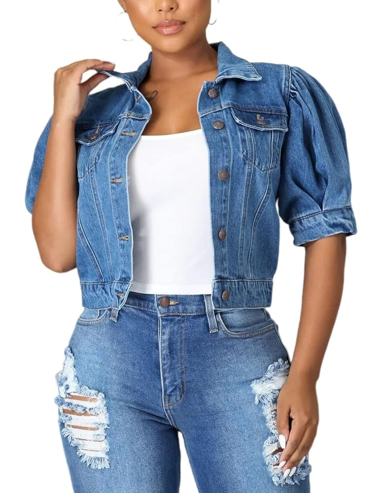 PAODIKUAI Women's Casual Puff Sleeve Frayed Slim Cropped Denim Jean Jacket | Amazon (US)