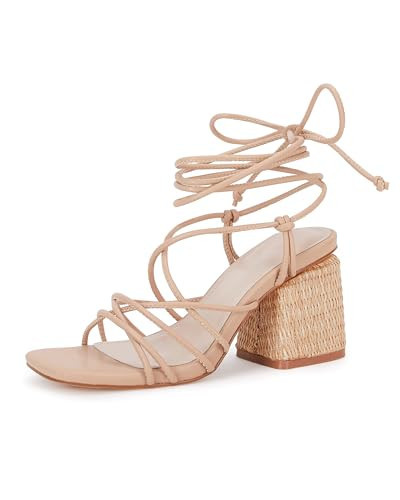 PiePieBuy Women's Lace Up Chunky Braided Heel Sandals Square Toe Strappy Ankle Strap Heels 8.5 | Amazon (US)