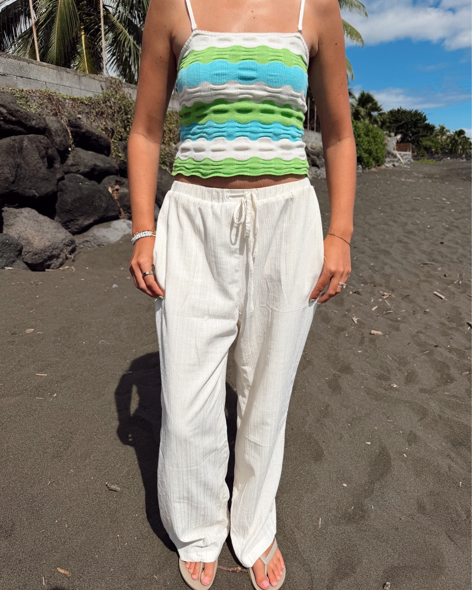 Vacation ootd💚 vacation outfit, two piece matching set, amazon linen pants, summer outfits, dupe, tropical destination, outfit ideas, outfit inspo
