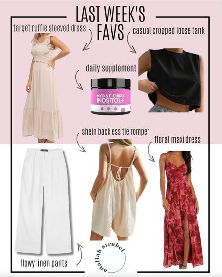So many favorites! I love the ruffled sleeve dress from Target! It comes in multiple colors. The backless tie romper is the cutest! Featured again the flowy linen pants from Hollister 🤩 Shein is where you can find the cropped tank. It's so cozy. I love the dress from Lulu's, and the daily supplements are a must! 

#LTKstyletip #LTKspring #LTKeurope