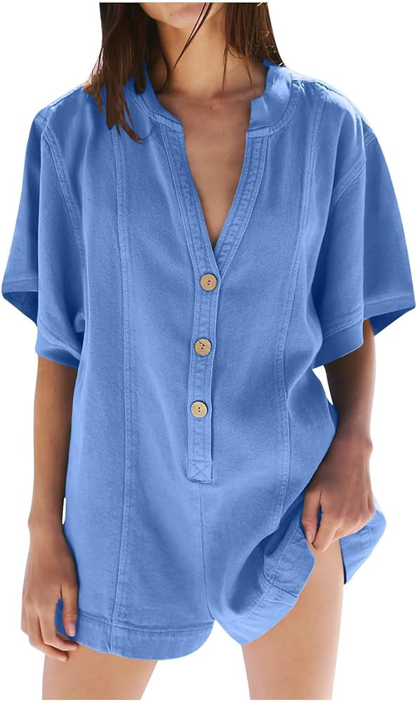 Summer Rompers for Women 2024 Casual Short Sleeves V Neck Sexy Button Beach Vacation Tshirt Short... | Amazon (US)