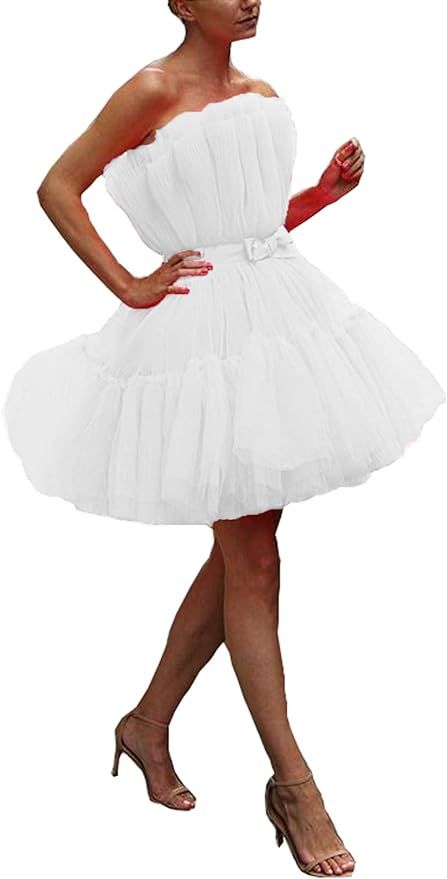Tianzhihe Tulle Tutu Ruffles Prom Dress Short Mini Homecoming Dress Cocktail Party Gown with Bow | Amazon (US)