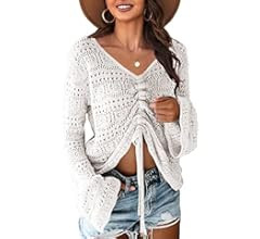 Saodimallsu Womens Boho Off Shoulder Sheer Crop Tops Bell Sleeve Flowy Oversized Crochet Ruched Pull | Amazon (US)