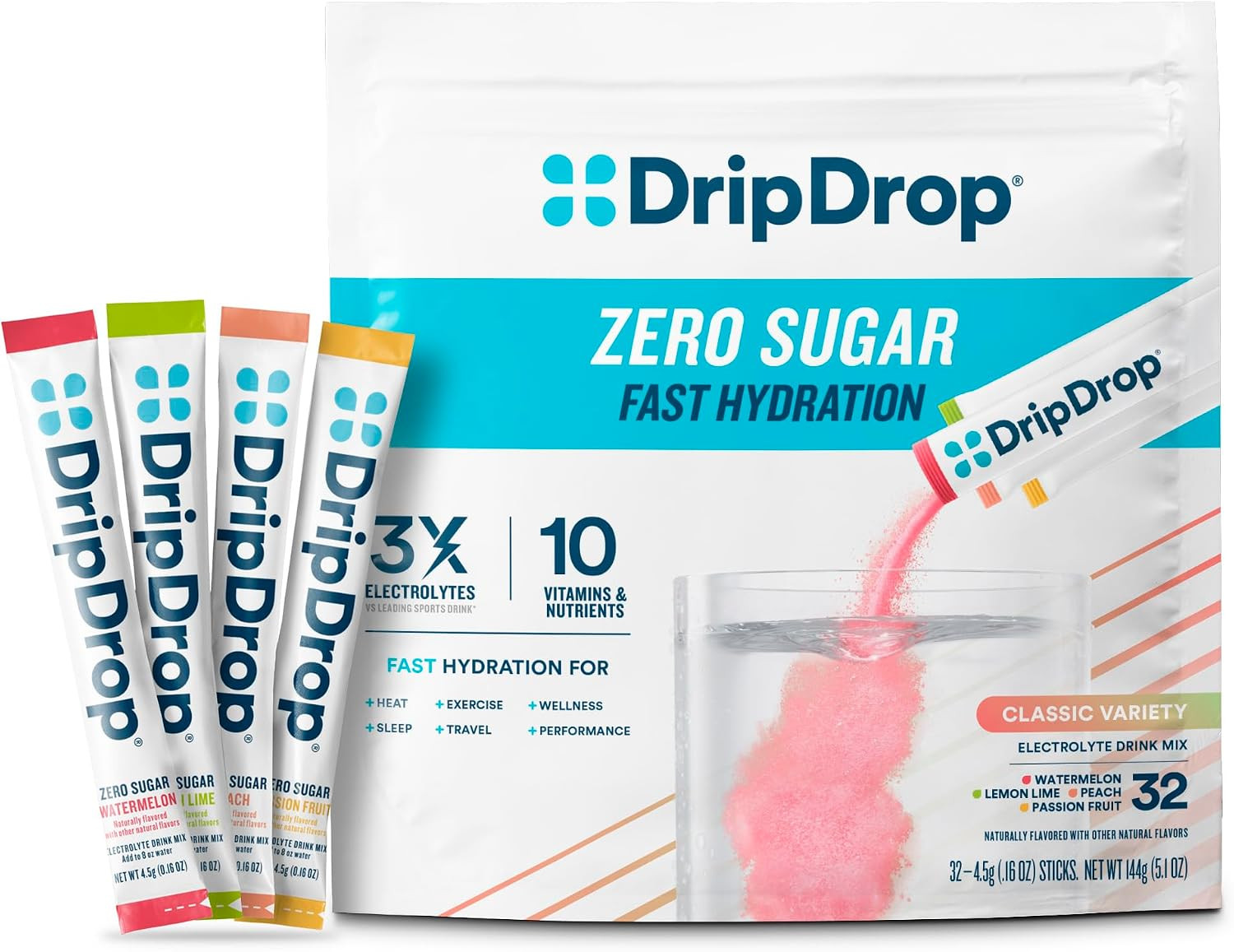 DripDrop Hydration Sugar Free Electrolyte Packets, Variety Pack, 32 Count | Amazon (US)