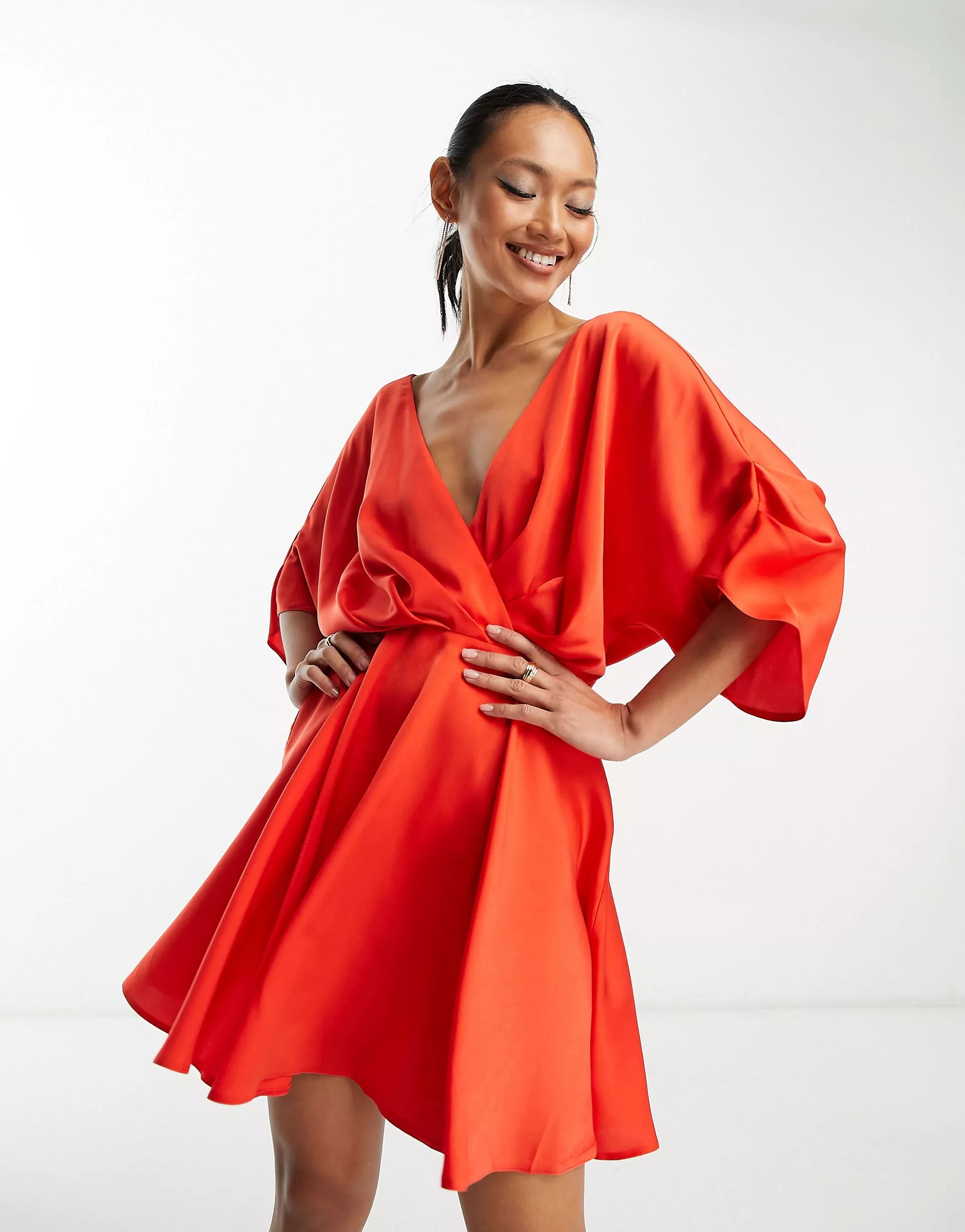 ASOS DESIGN batwing sleeve plunge mini dress in red | ASOS (Global)