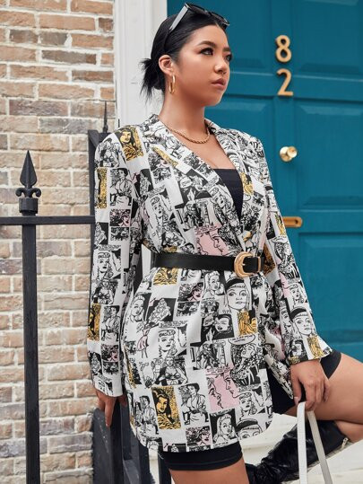 SHEIN Plus Comic Print Blazer Without Belt | SHEIN
