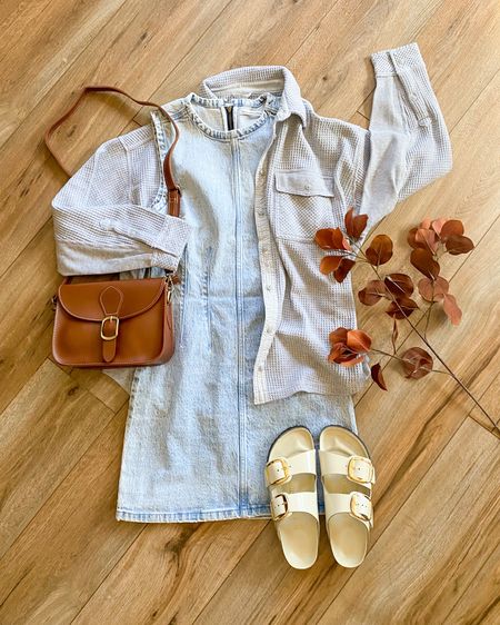 Denim dress. Abercrombie outfit. Waffle knit shirt jacket. 

#LTKSeasonal #LTKBacktoSchool #LTKSale