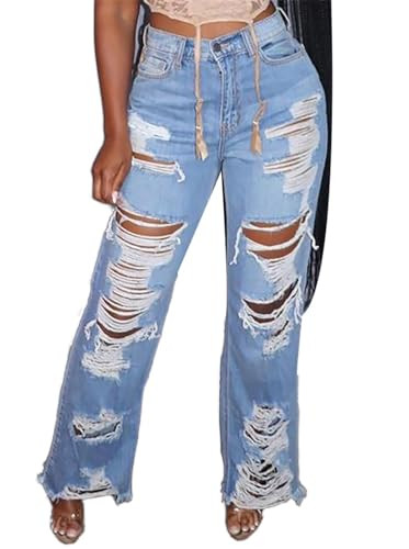 Lucuna Women's Ripped Jeans High Waisted Boyfriend Trendy Straight Wide Leg Distressed Denim Pants | Amazon (US)