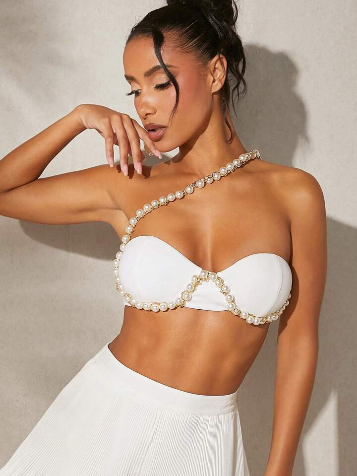 L'Amorae Elegant Pearls Beaded Strap Cross Crop Top | SHEIN