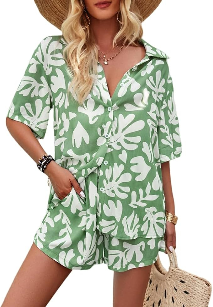 Sulozom Women's 2 Piece Beach Outfits Button Down Short Sleeve Shirts and High Waist Shorts Loung... | Amazon (US)