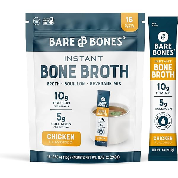 Bare Bones Bone Broth Instant Powdered Mix, Lemon Ginger, Pack of 8, 15g Sticks, 10g Protein, Ket... | Amazon (US)