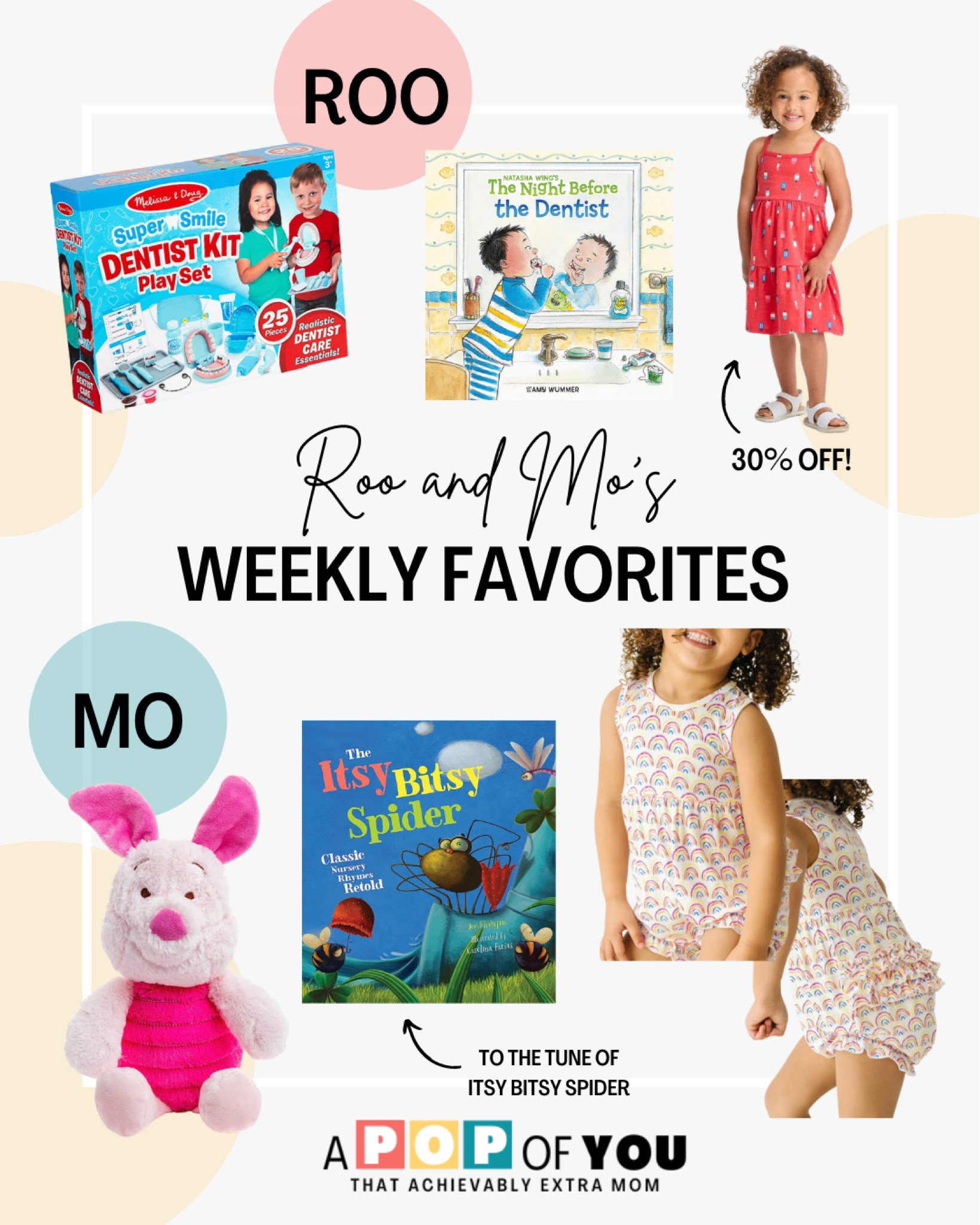 A collection of Roo (3.5yo) and Mo’s (20mo) favorites including toys, books, and clothing.

Roo loves her Melissa and Doug Dentist Kit, the Night Before the Dentist book, and her comfy popsicle dress by Cat & Jack! It’s perfect for the Fourth of July!

Mo couldn’t live without her Piglet stuffed animal. Her book of choice this week was Itsy Bitsy Spider and she’s all about any clothing that is breathable and let’s her run wild! 🙃

#LTKkids #LTKFind #LTKunder50