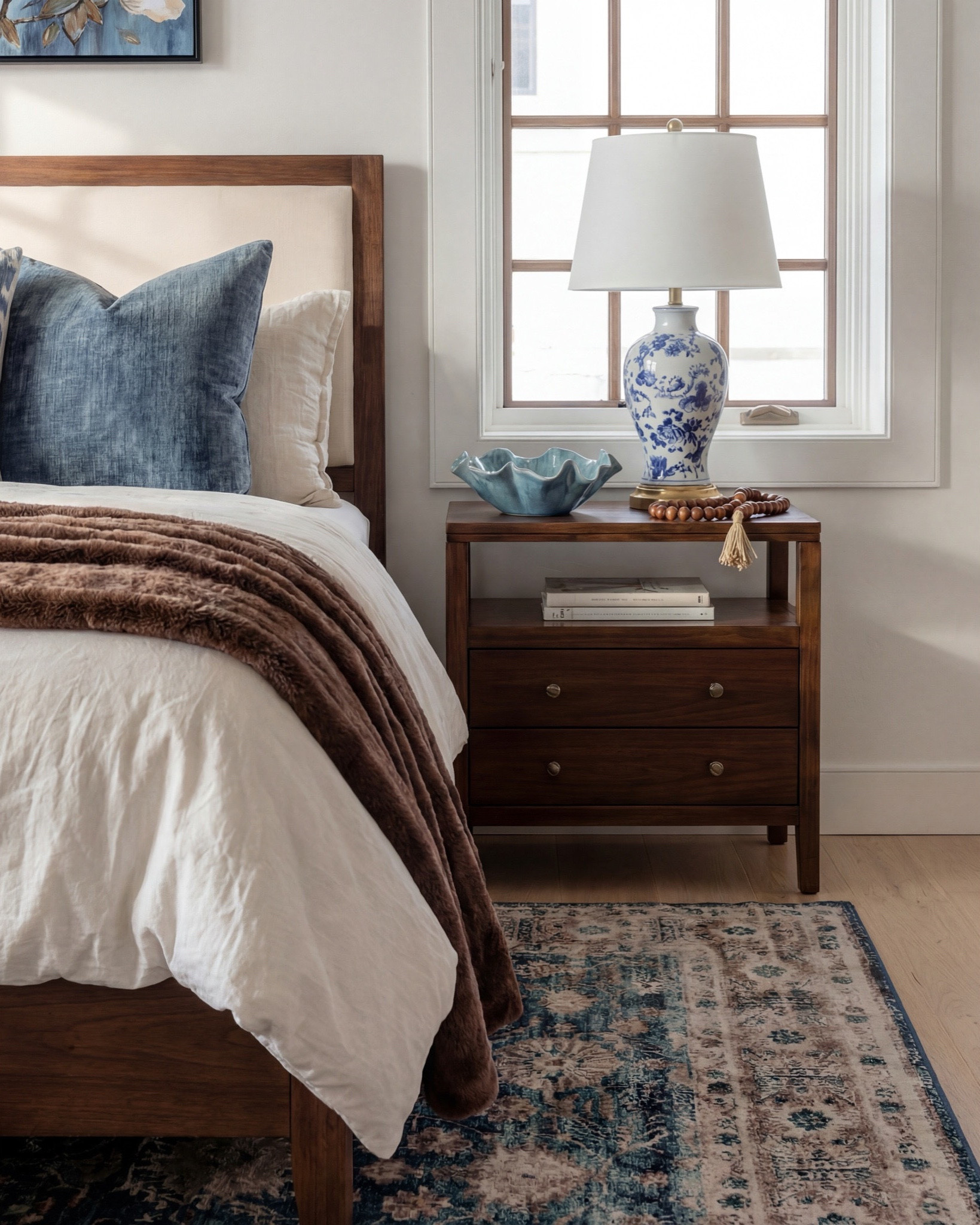 Shop the Look: Bedroom Refresh
• Warm-wood platform bed with upholstered headboard
• White duvet + layered blue accent pillows
• Brown faux-fur throw blanket
• Upholstered storage bench at the foot of the bed
• Matching warm-wood nightstands
• Blue ceramic table lamps
• Blue decor bowl
• Bead garland decor
• Stack of books (nightstand styling)
• Floral artwork pair above the bed
• Blue patterned area rug
• Built-in window bench with plaid pillow
• Potted floor plant in ceramic planter
• Blue botanical ceiling wallpaper with exposed wood beams

#LTKsale #LTKhome #LTKstyletip