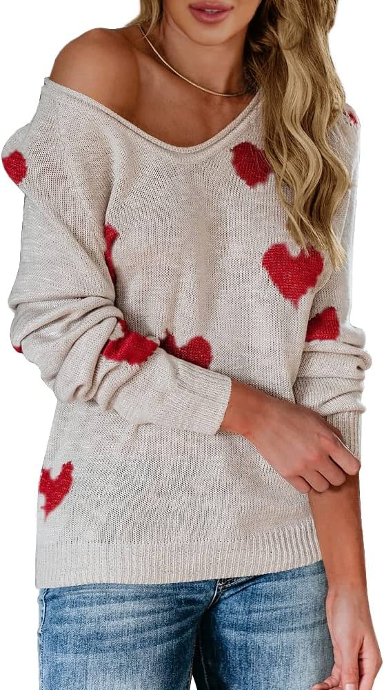 Tutorutor Womens Cute Love Heart Print Sweaters Oversized Off The Shoulder Loose Knitted Valentine P | Amazon (US)