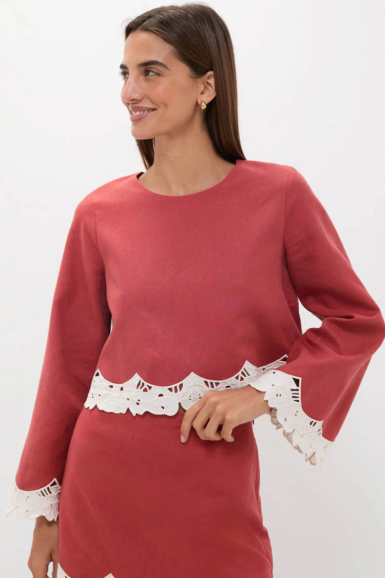 Red Eyelet Trim Cotton Linen Maxine Top | Tuckernuck (US)
