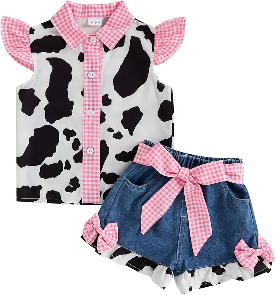 Emmababy Western Baby Girl Denim Outfit Cow Print Ruffle Sleeve Tops Plaid Print Button Shirt Tod... | Amazon (US)
