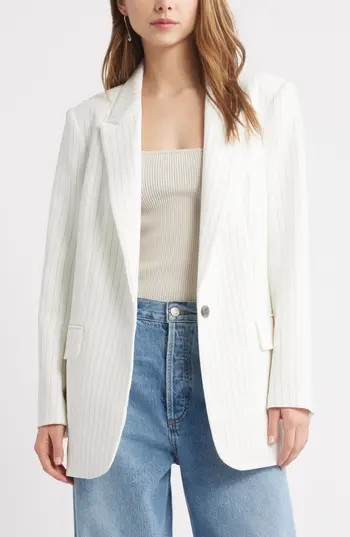 Open Edit The Icon Relaxed Blazer in Ivory - Grey Celeste Pinstripe at Nordstrom Rack, Size X-Small | Nordstrom Rack
