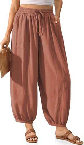 TARSE Womens Linen Barrel Harem Pants Casual Wide Leg Baggy Drawstring Boho Summer Beach Palazzo Travel Pants(Rust, XXL) | Amazon (US)