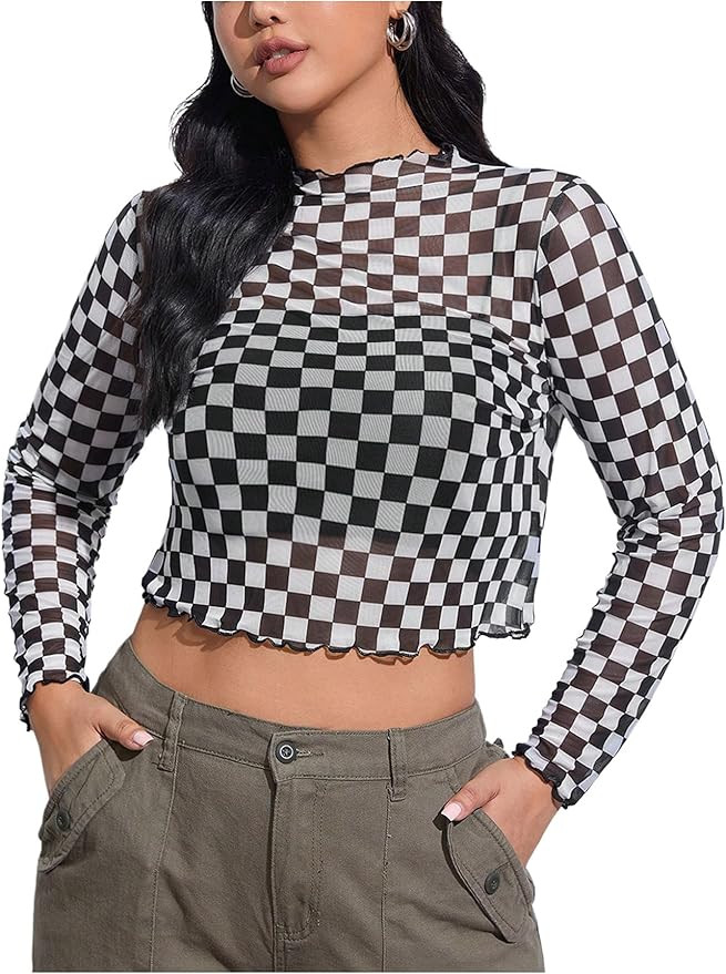 WDIRARA Women's Plus Size Checkered T Shirt Sheer Mesh Tee Long Sleeve Crop Tops | Amazon (US)